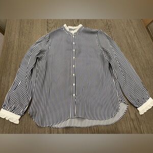 J. Crew, Blue and White Striped Button Down Blouse w/Ruffle Trim, Sz. M